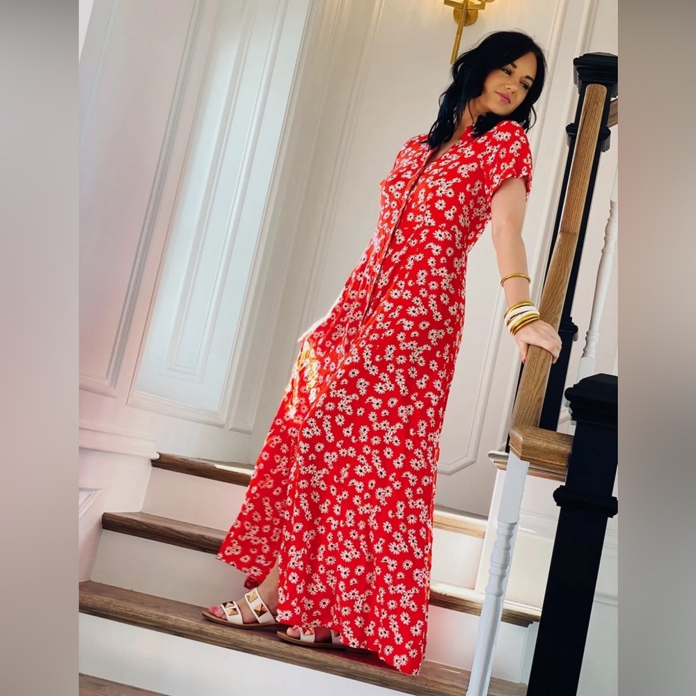Anthropologie Skies are Blue red orange floral maxi dress size large EUC
